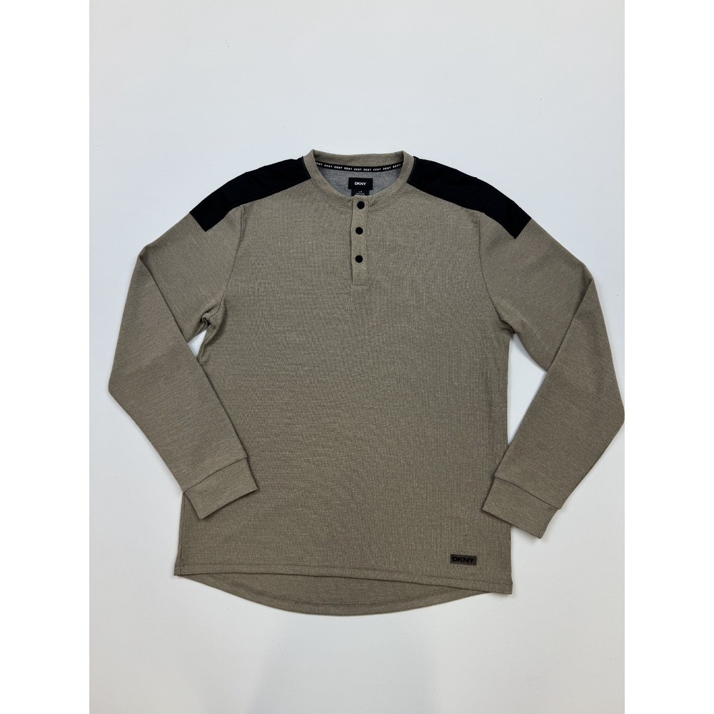 DKNY Jeans Shirt Mens L Tan Crewneck Waffle Knit‎ Pullover Hunting Black Panels